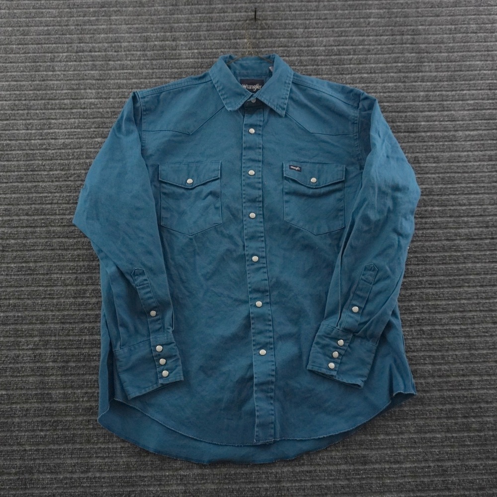 Vintage Wrangler Western Snap Shirt Mens Large Teal Blue Pearl Snap Yoke